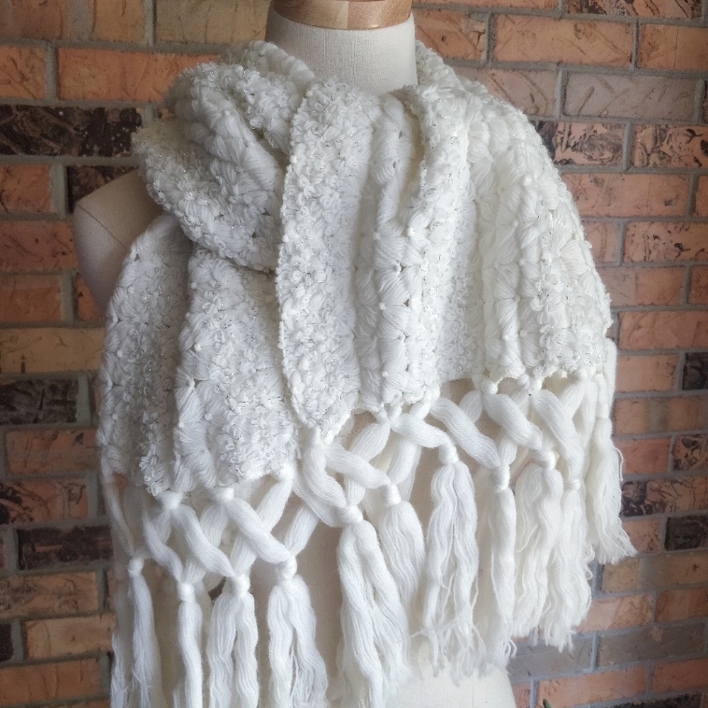 Knitted White Wide Scarf, Silver Shimmer, Tassels - Picture 4 of 6
